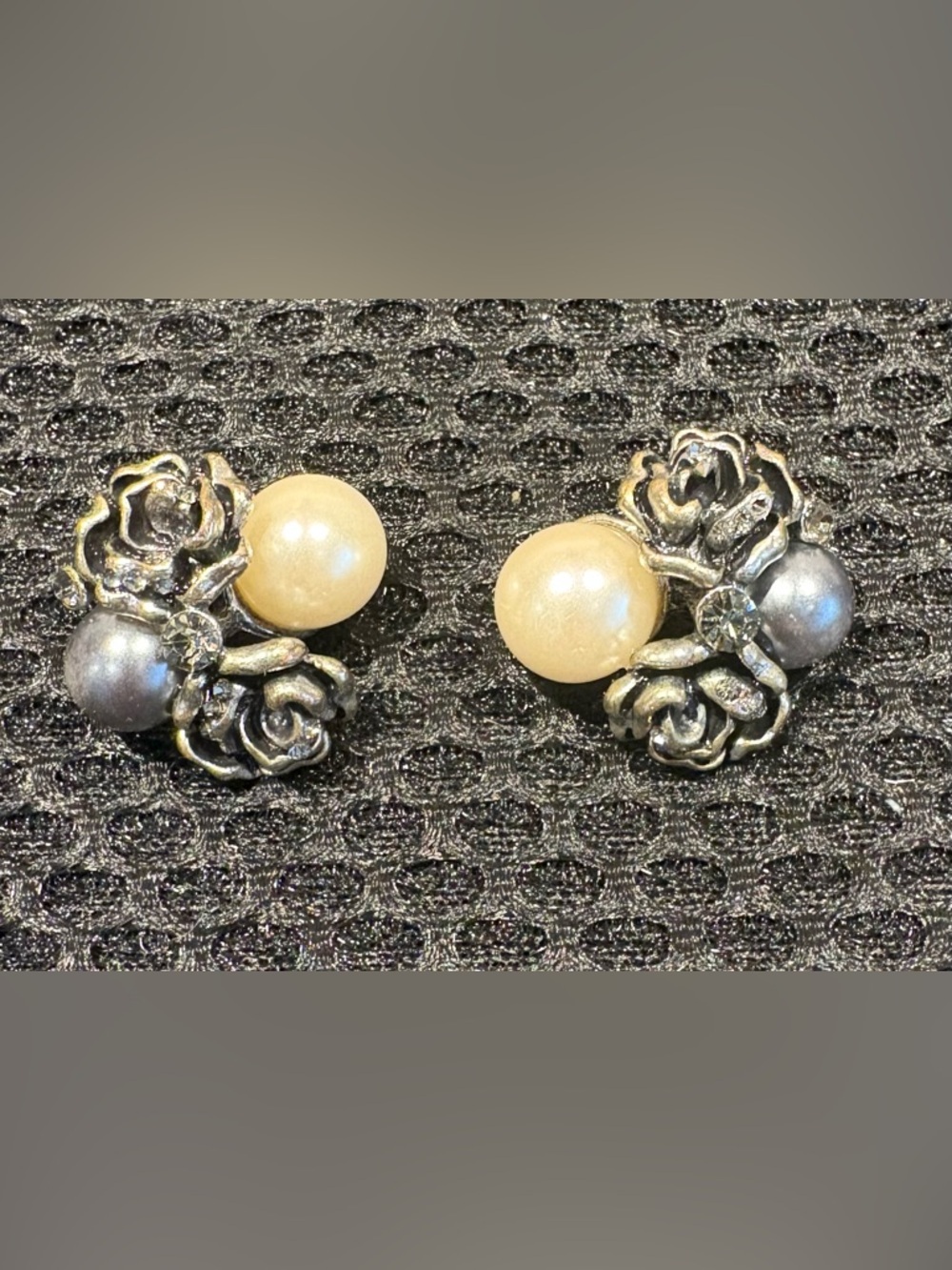 Mid-Century Modern Silver Tone Rose & Faux Pearl Cluster Stud Earrings - Picture 6 of 9
